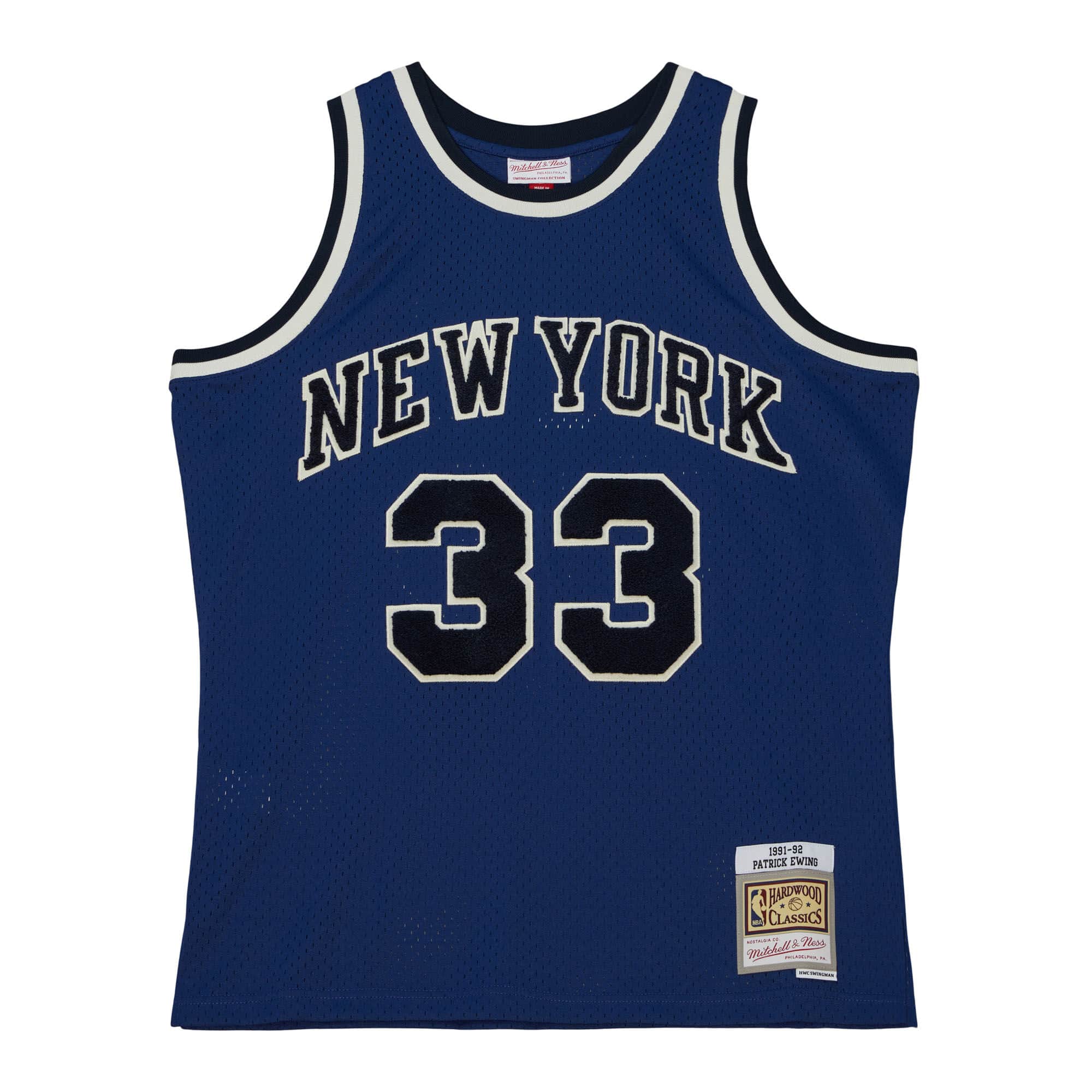 Купить Джерси Mitchell & Ness Off Court Chenille Swingman Patrick Ewing New York Knicks 1991-92 | TFSM5882-NYK91PEWBLUE в Москве или заказать доставку на Slamdunk.su